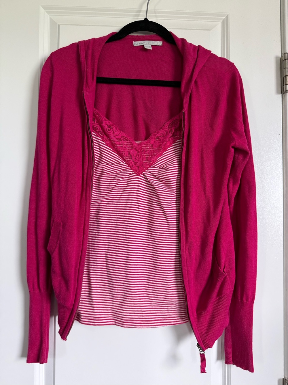 Y2K Twin Set Pink Hooded Zip Cardigan with Lace-Trim Tank - Old Navy